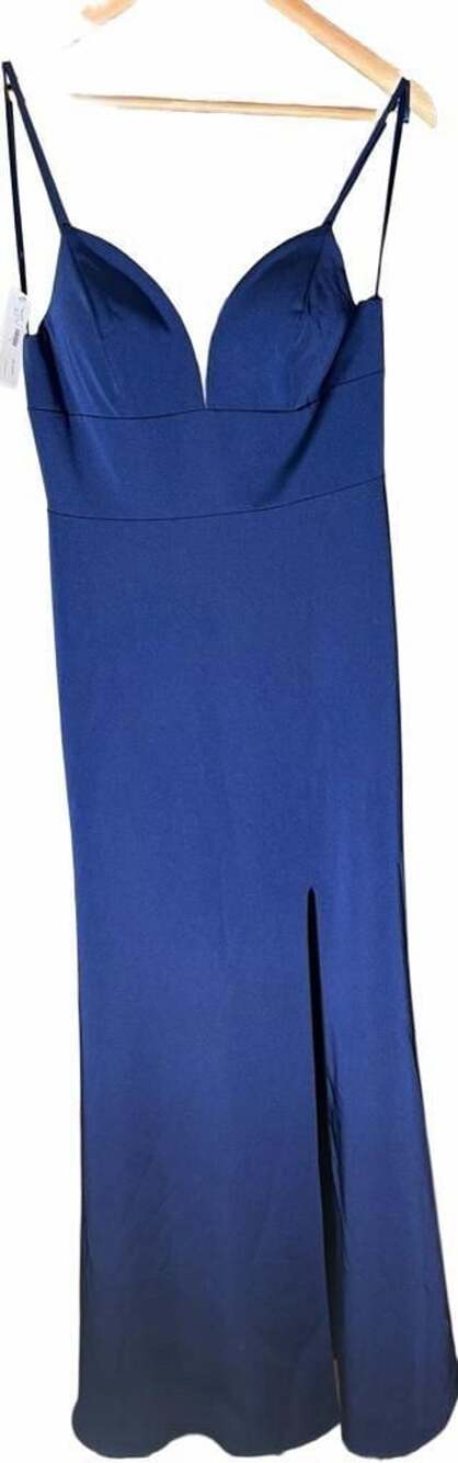 A Formal Affair Navy Blue V-Neck Slit Formal Prom Dress